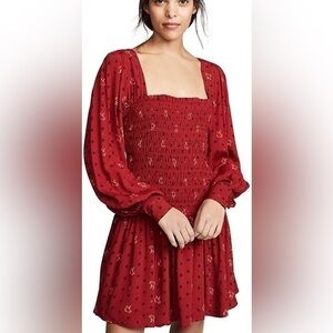 Free People ruby combo smocked balloon sleeve dress small
